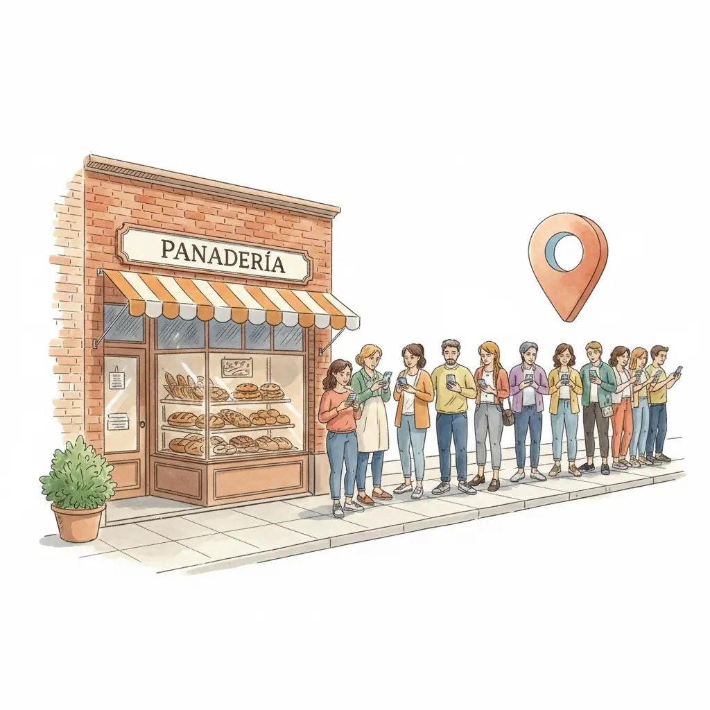 Ilustración de una panadería con clientes buscando en Google